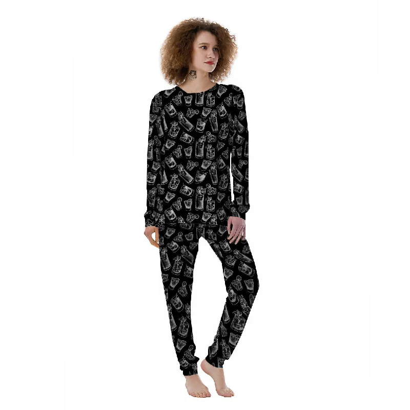 Cocktail Black And White Doodle Print Pattern Women's Pajamas