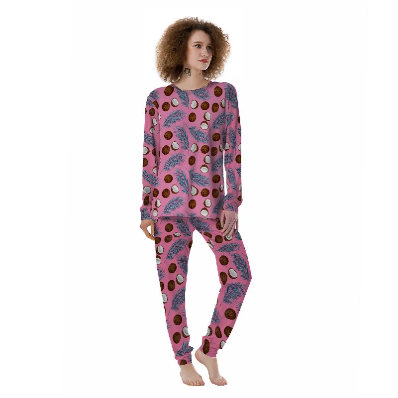 Coconut Pink And Palm Leaf Print Pattern Women's Pajamas