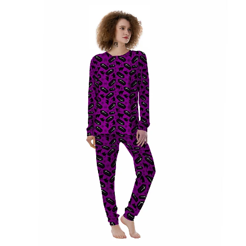 Coffin And Cat Purple Print Pattern Women's Pajamas