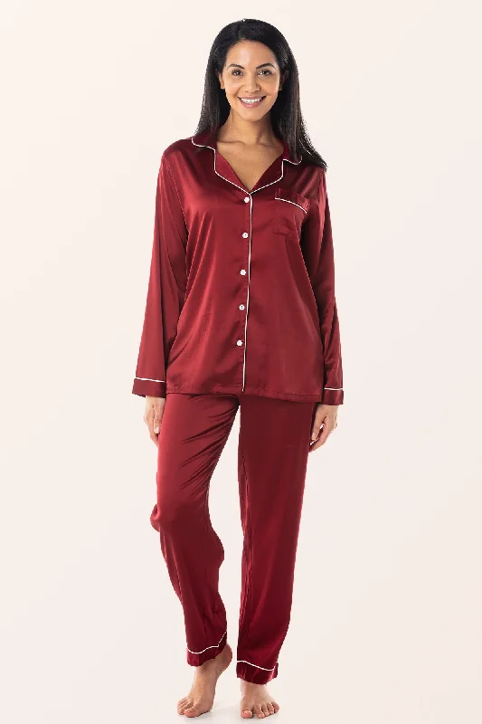 Satin 2-Piece Classic Pyjama Set - Wine Red