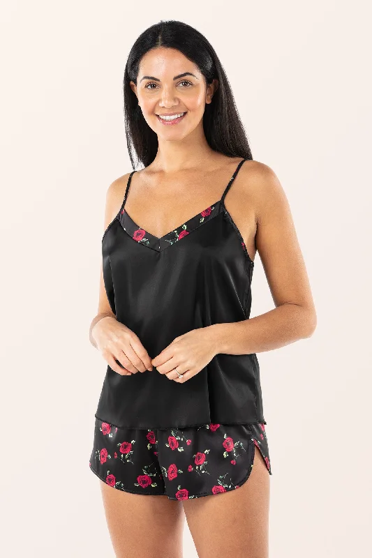 Satin 2-Piece Nightwear Set - Black Red Roses