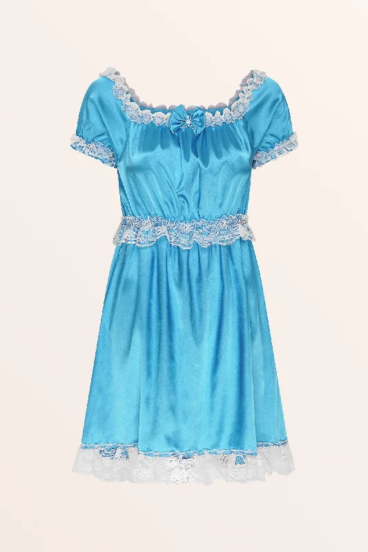 Sissy Satin Lacy Maid Nightdress - Aqua Blue