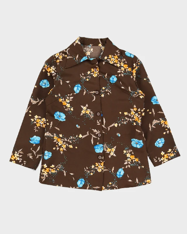 Vintage 1970s Brown Floral Pattern Blouse - M