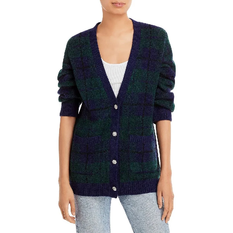 Runi Womens Plaid Knit Cardigan Sweater