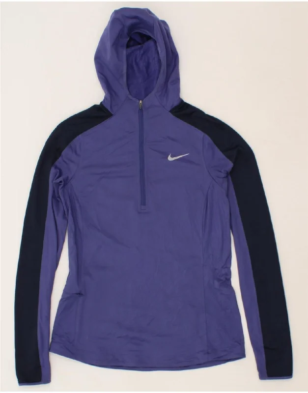 NIKE Womens Dri Fit Hoodie Jumper UK 14 Medium Navy Blue Colourblock