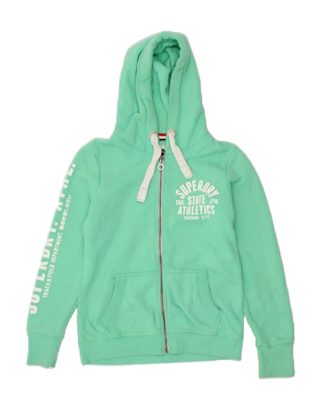 SUPERDRY Womens Graphic Zip Hoodie Sweater UK 16 Large Green Cotton