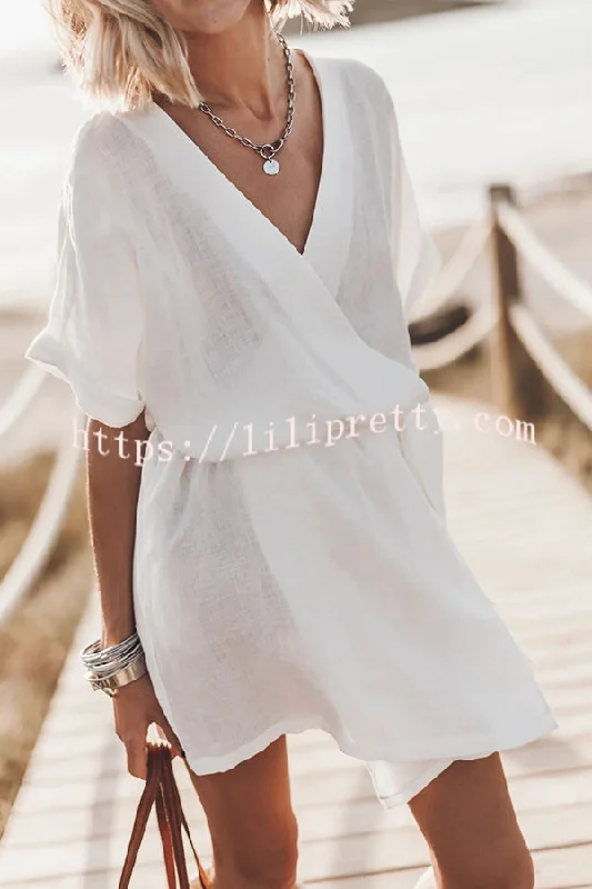 Lilipretty Breezy Retreat Cotton Linen Blend Pocketed Belt Kimono Mini Dress