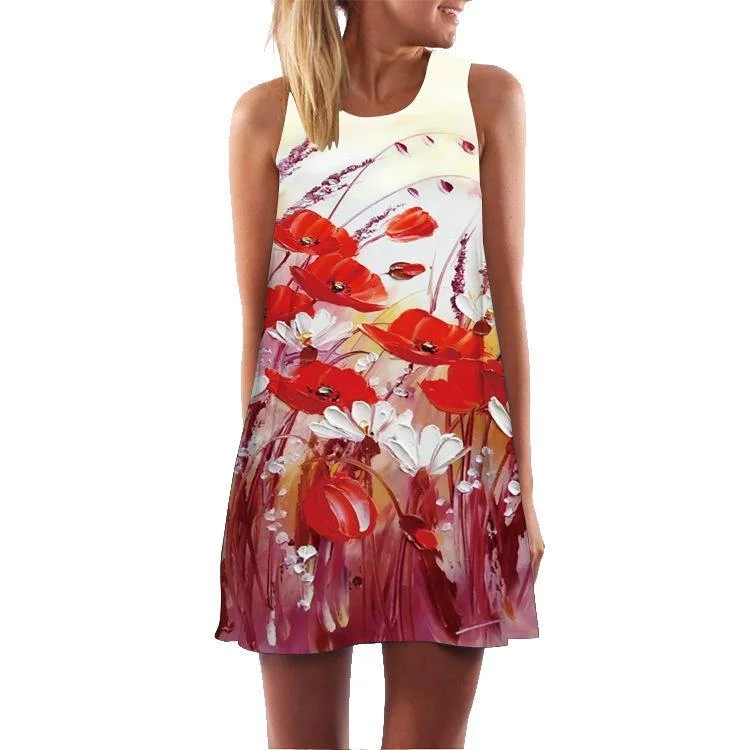 Summer 3D Floral Print Sleeveless Mini Short Dresses