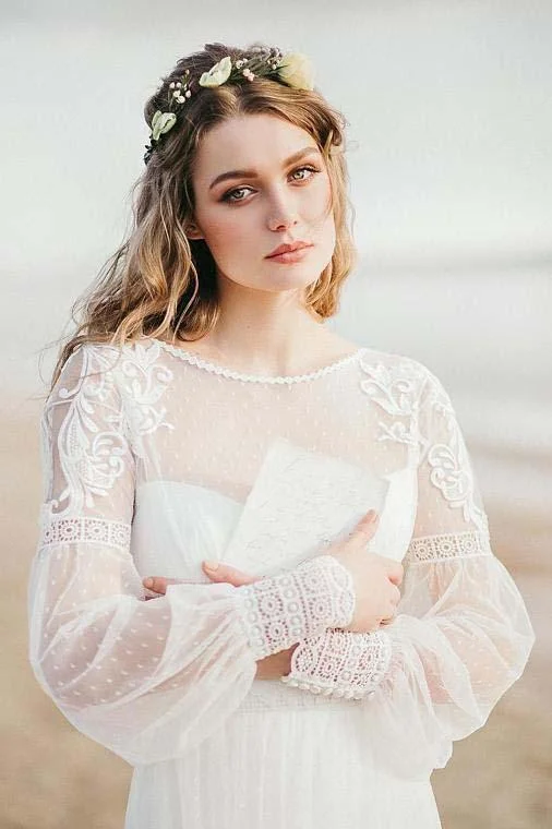 A Line See Through Long Sleeve Lace Appliqued Ivory Beach Wedding Dresses