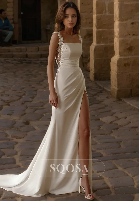 Floral Embellished Spaghetti Straps Squre-Neck Sleeveless Pleated High Slit Boho Wedding Dress with Sweep Train