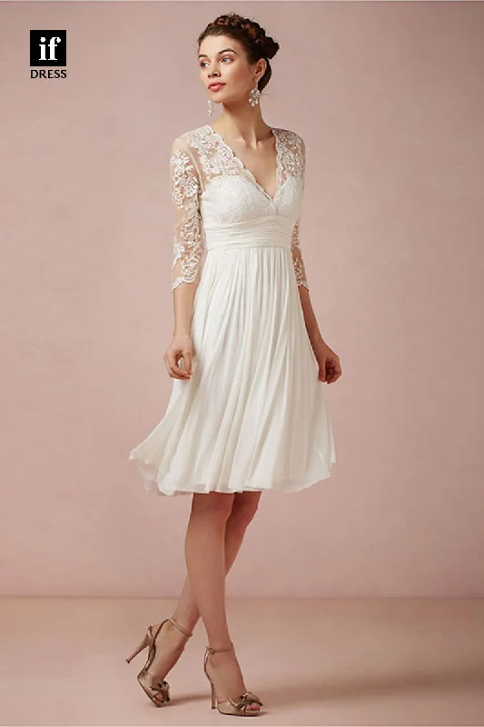 71097 - Simple V-Neck Long Sleeves Ruched Knee Length Beach Wedding Dress