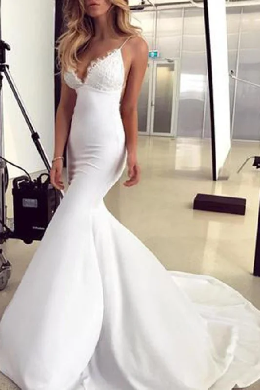 Elegant Lace Appliques V-Neck Backless White Sweetheart Spaghetti Straps Mermaid Wedding Dress WK179