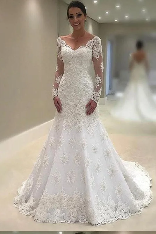 Elegant Lace V Neck Neckline Mermaid Long Sleeve Wedding Dresses with Appliques WK69