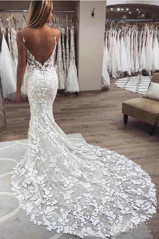 Elegant Mermaid Spaghetti Straps Lace V Neck Ivory Wedding Dresses Bridal Dresses WK776