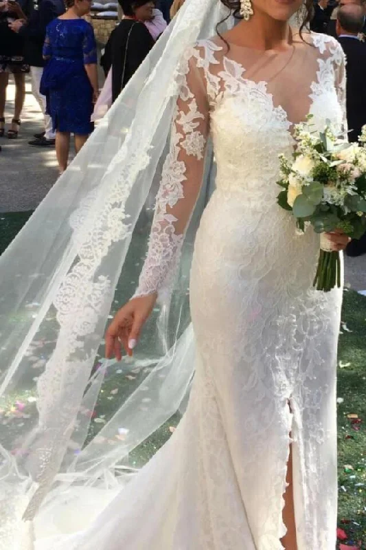 Elegant See Through Long Sleeve Lace Wedding Dresses Mermaid Wedding Dress with Slit W1069