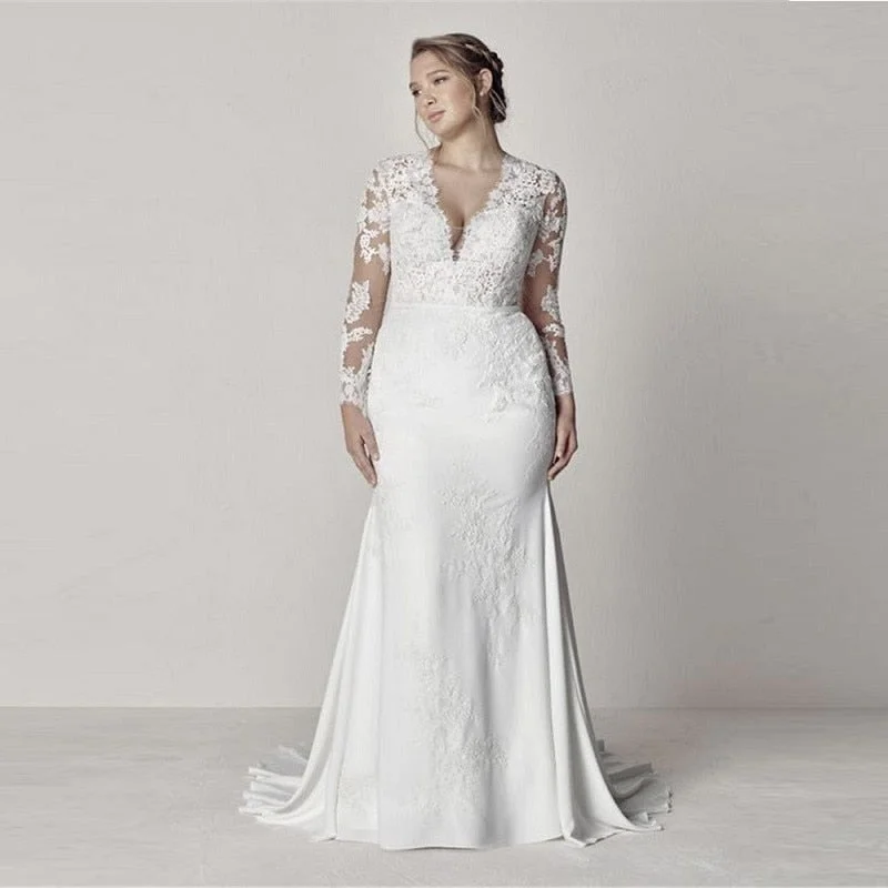 Fashionable V-Neck Lace Appliques Mermaid Wedding Dresses