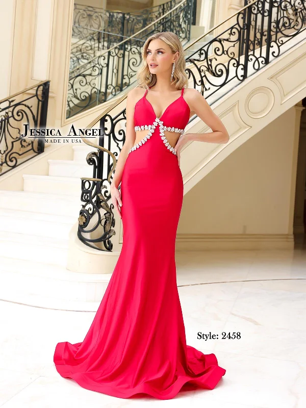 Jessica Angel Style JA2458 Jersey Fiberic Criss-Cross Deep V-Neckline Long Dress