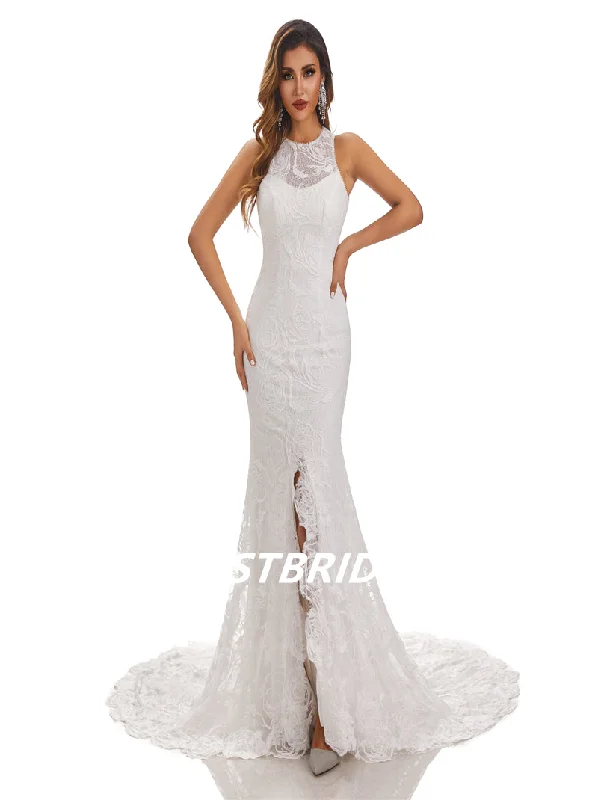 Lvory Lace Sleeveless Mermaid Applique Side slit Wedding Dresses, WDY0181