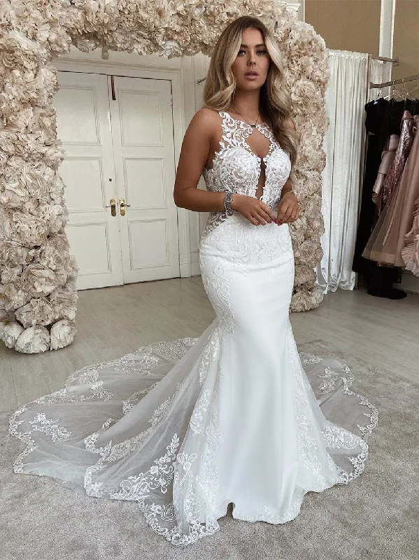 Sleeveless Lace Jersey Wedding Dresses, Long Bridal Gown, Popular 2020 Wedding Dresses