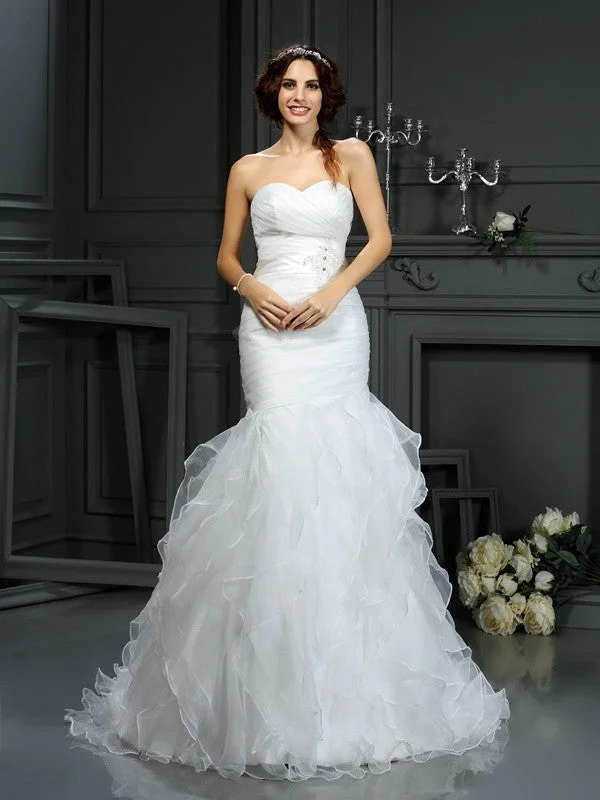 Trumpet/Mermaid Sweetheart Beading Sleeveless Long Organza Wedding Dresses