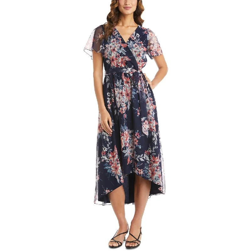 Petites Womens Floral Asymmetric Midi Dress