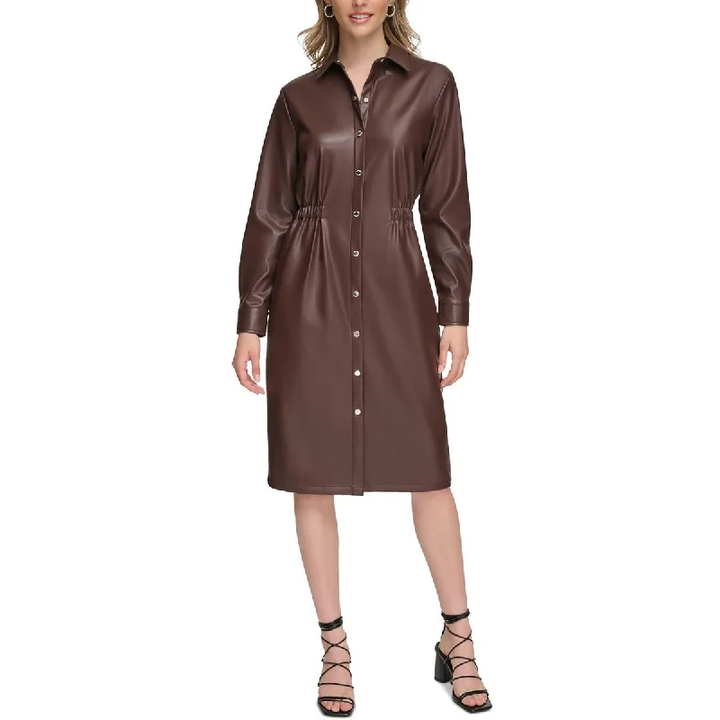 Womens Faux Leather Midi Shirtdress