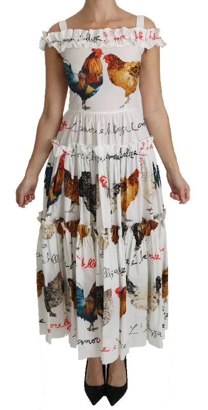 Dolce & Gabbana Elegant White Rooster Print Sheath Midi Women's Dress