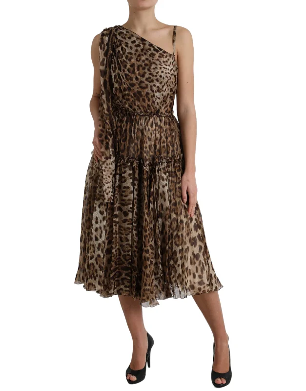 Dolce & Gabbana Elegant One-Shoulder Leopard Midi Women's Dress