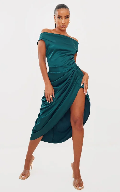 Emerald Green Satin Off The Shoulder Draped Skirt Midi Dress