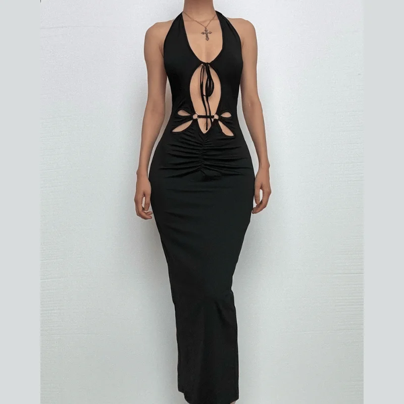 Halter hollow out backless v neck slit cut out midi dress