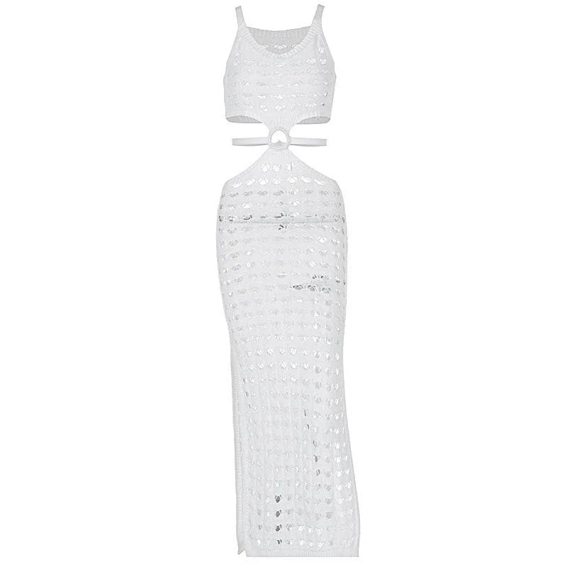 U neck knitted o ring see through tank midi dress