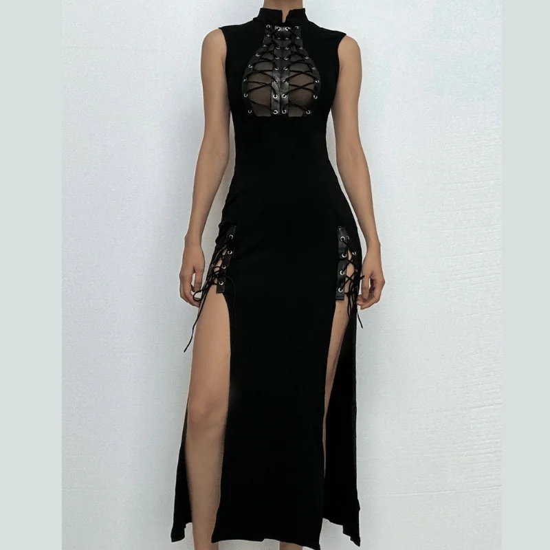 Zip-up high slit lace up see through high neck midi dress