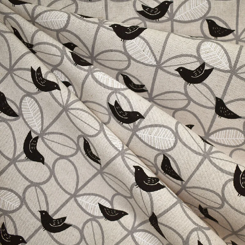 Japanese Scandi Bird Vine Canvas Grey/Black