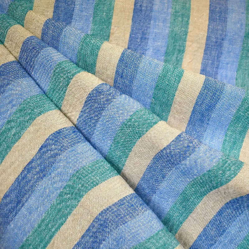 Yarn Dyed Wide Stripe Washed Linen Aqua/Blue