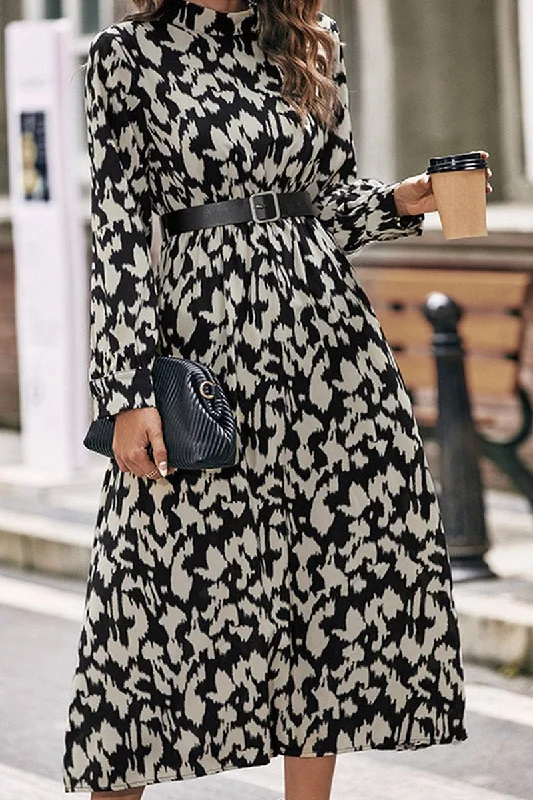 WOMEN HIGH NECK LONG SLEEVE LEOPARD MAXI DRESS