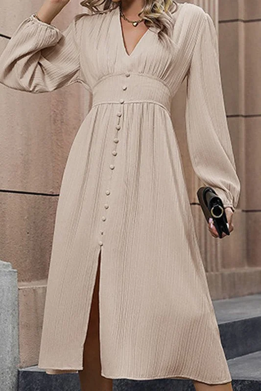 WOMEN V NECK LONG SLEEVE EMPIRE WAIST SLIT DRESS