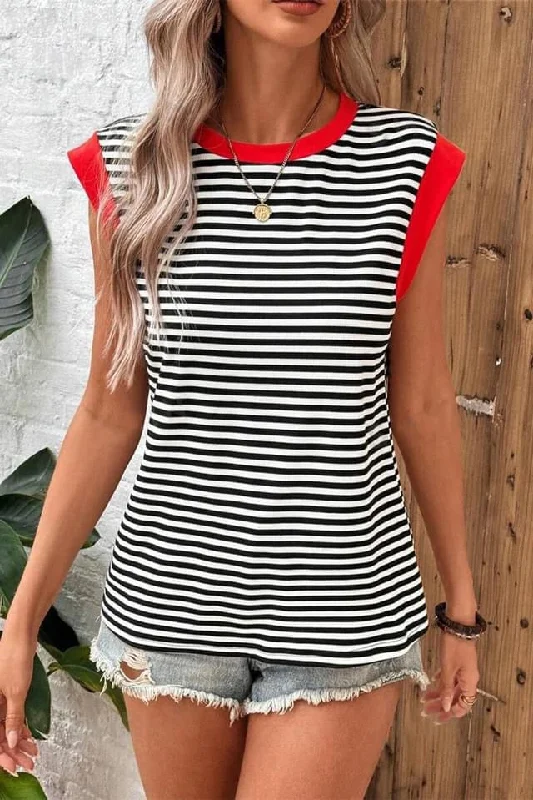 Black Stripe Colorblock Edge Round Neck Tank Top