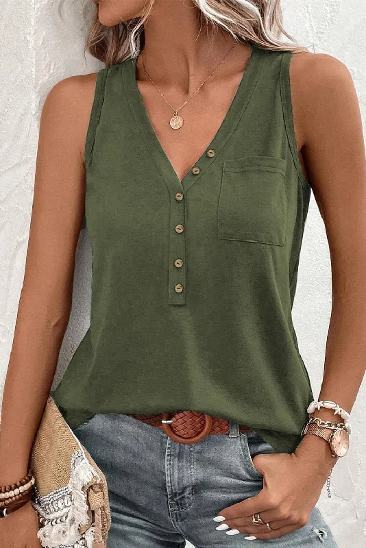 Half Button V Neck Patched Pocket Tank Top