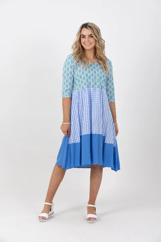 Amalfi Print Check Tiered Dress Blue