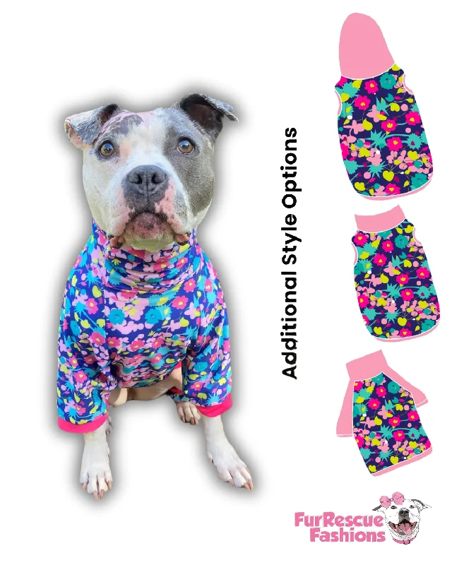 Floral poppies Dog Pajama with Fucshia Neck & Trim/Sleeves