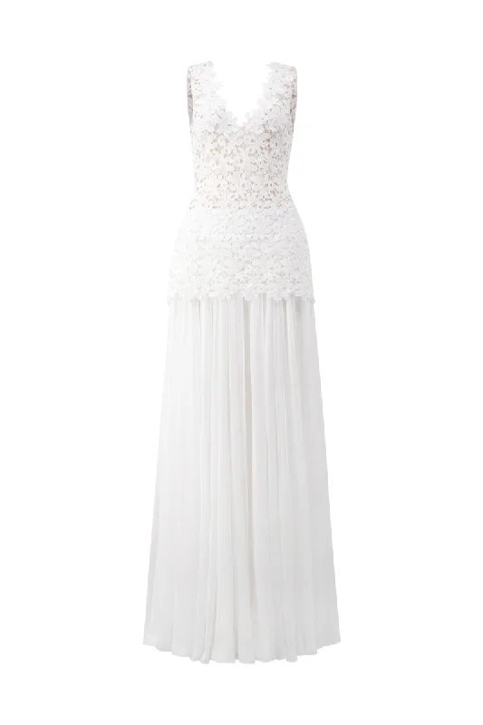 GABRIELLA WHITE FLORAL LACE MIXED CHIFFON DRESS