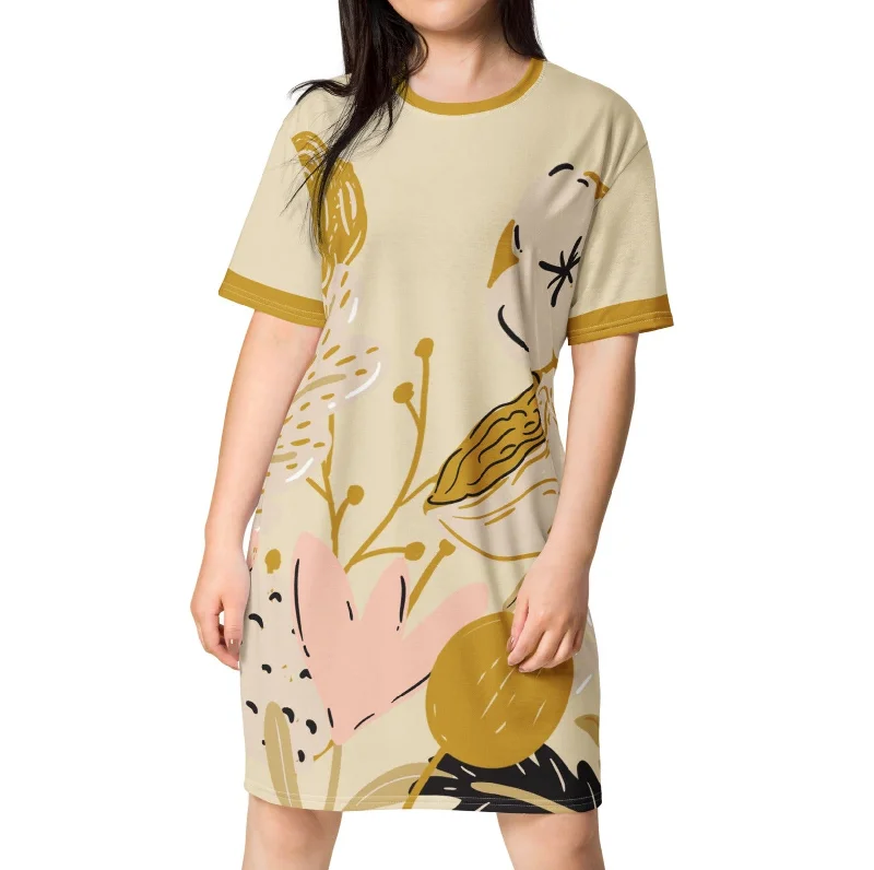 Gold & Pink Large Floral T-Shirt Dress