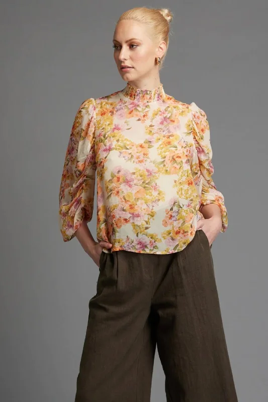 Last Dance Shirred High Neck Top Cream Floral