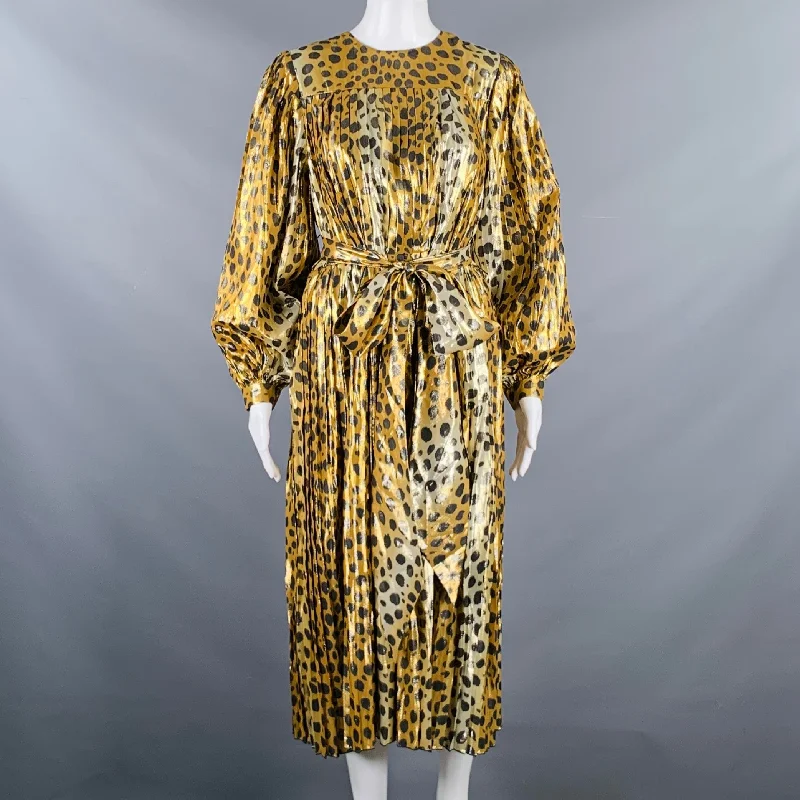 MARC JACOBS Size 4 Gold Black Silk Metallic Animal Print Pleated Dress