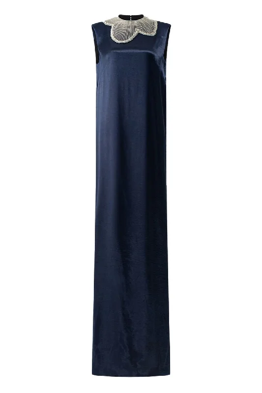 NAVY BLUE ORCHID STONE PATTERNED COLLAR GOWN