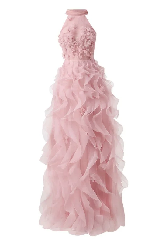 PINK LAYERED STONE ORGANZA FLORAL EMBELLISHED GOWN