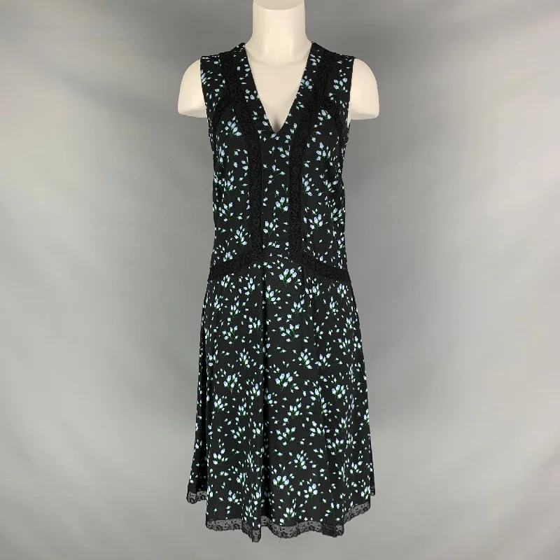 PRADA Size 8 Black Blue & Green Viscose Elastane Floral Sleeveless Dress