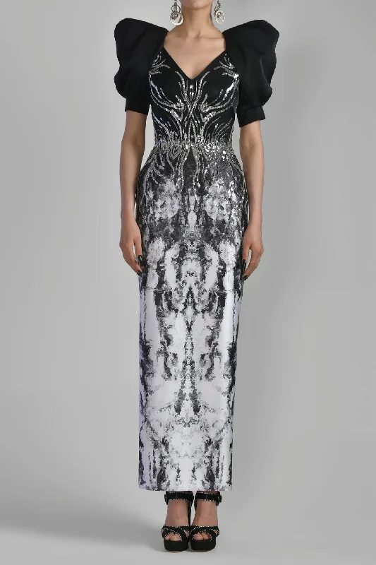 Printed Satin fitted dress with beading