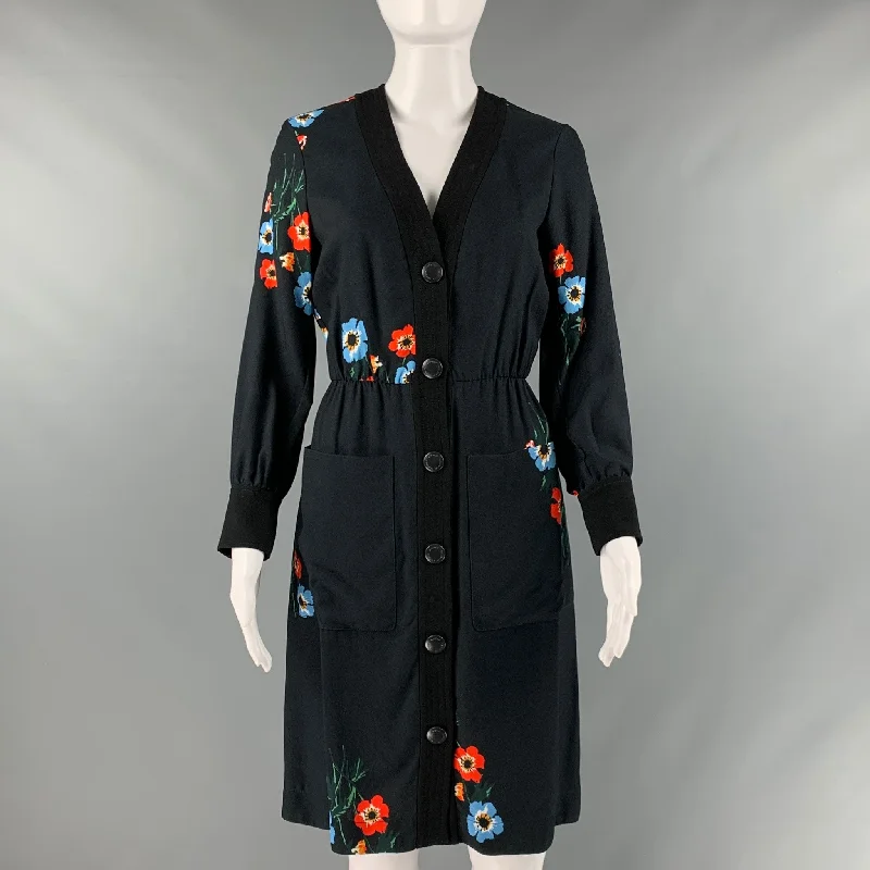 SONIA RYKIEL Size 4 Black Multi-Color Viscose Floral Snaps Dress