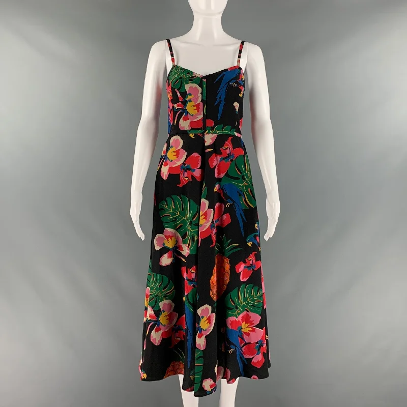 VALENTINO Size 2 Black Multi-Color Silk Floral Spaghetti Straps Mid-Calf Dress